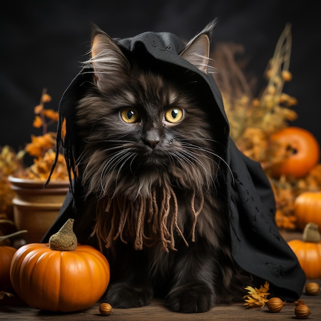 Un lindo gato negro con sombrero de bruja sobre una calabaza de Halloween