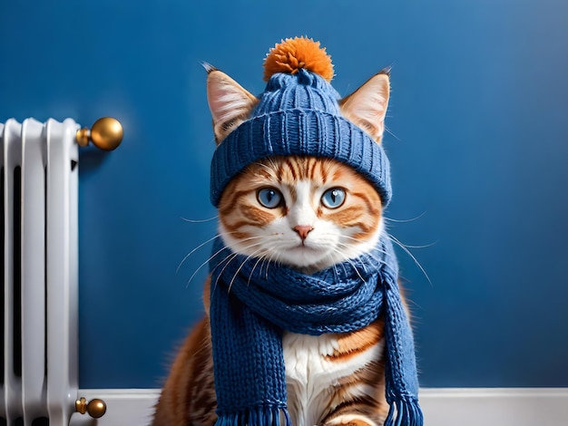 Un lindo gato con ojos azules con una cálida bufanda y un gorro de invierno se está congelando en casa cerca de un radiador frío