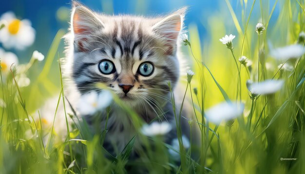 Un lindo gato de ojos azules en el fondo de un prado de flores