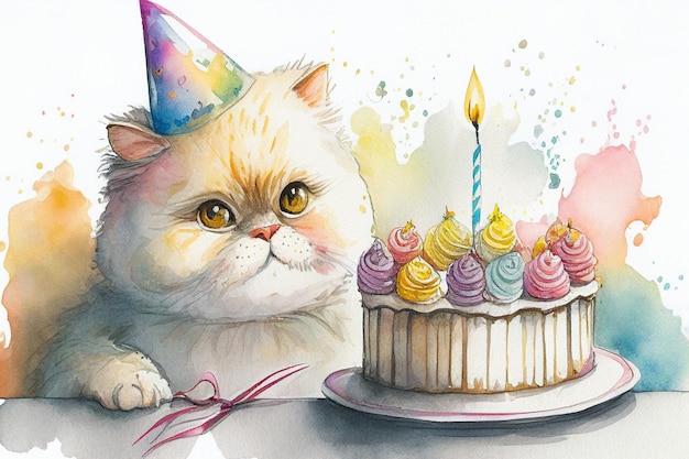 Lindo gato con pastel de cumpleaños Acuarela AI ilustración generativa