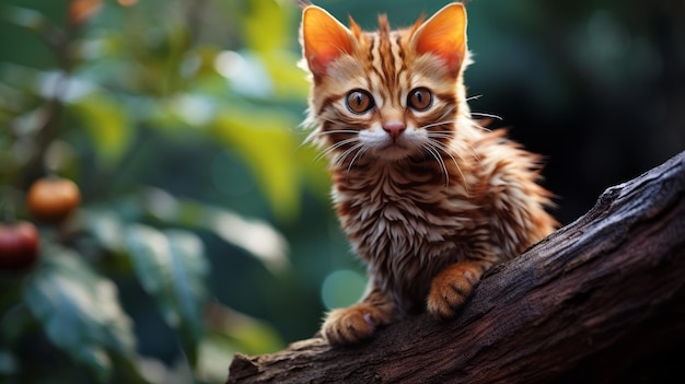 un lindo gato pelirrojo se posa en la rama de un árbol en el bosque, mostrando técnicas fotorrealistas. El estilo precisionista captura su pelaje marrón claro y naranja, mientras que su patrón de rayas se suma a su