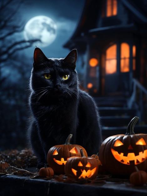 Foto lindo gato peludo realista relajándose al aire libre en la noche de halloween