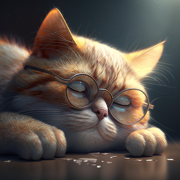 Lindo gato perezoso y triste con gafas arte generado por ai