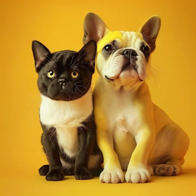 Lindo gato y perro se ven juntos sobre un fondo amarillo que proporciona un amplio espacio para copiar Ai generativo