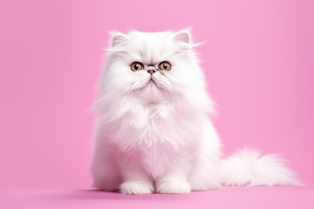 lindo gato persa feliz em fundo rosa pastel
