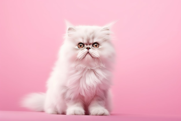 lindo gato persa feliz em fundo rosa pastel