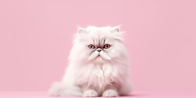 lindo gato persa feliz sobre fondo rosa pastel