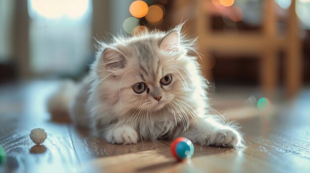 Un lindo gato persa jugando con un juguete en una mesa de madera.