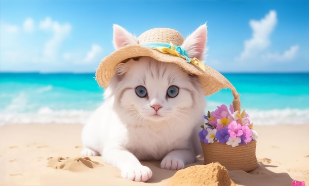 un lindo gato en la playa mirando a la cámara