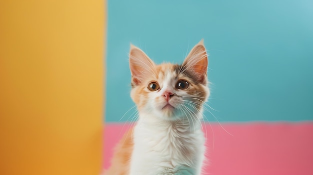 un lindo gato posando para una foto en un fondo colorido