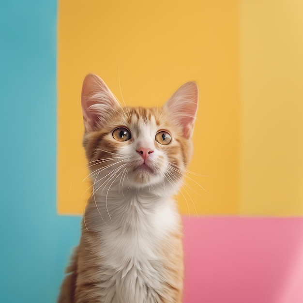 un lindo gato posando para una foto en un fondo colorido