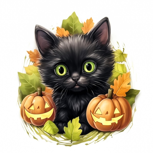 Lindo gato preto com um chapéu de bruxa sentado em uma abóbora de Halloween