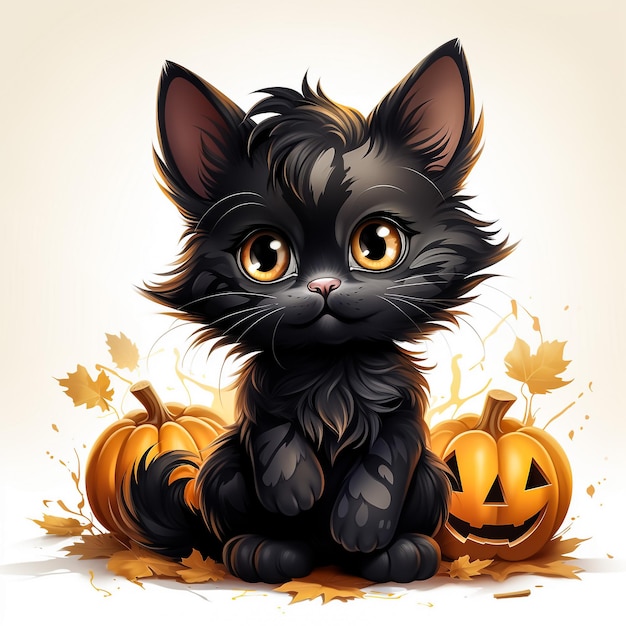 Lindo gato preto com um chapéu de bruxa sentado em uma abóbora de Halloween