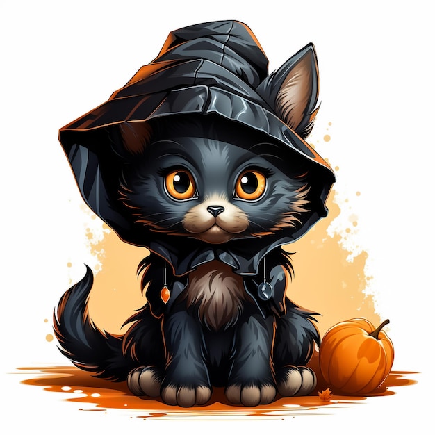 Lindo gato preto com um chapéu de bruxa sentado em uma abóbora de Halloween