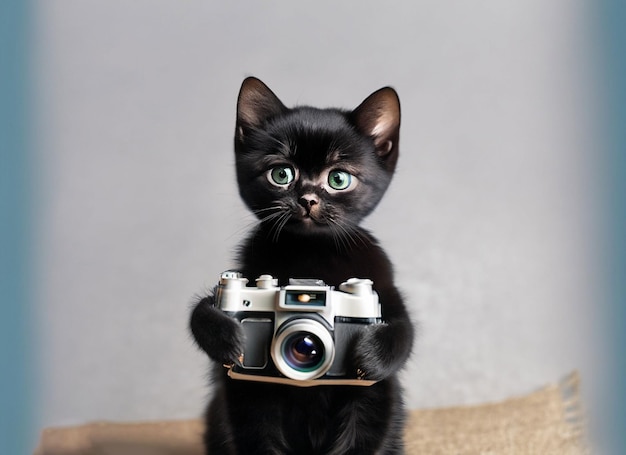 Lindo gato preto segurando a câmera