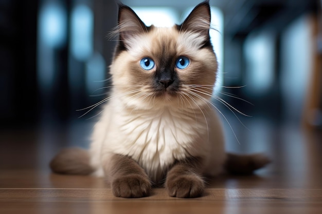 Lindo gato ragdoll com olhos azuis, deitado no chão Gato fofo com olhos azuis, sentado no chão e olhando para a câmera gerada por IA