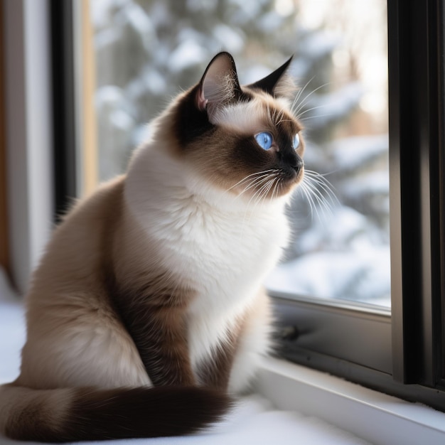 Lindo gato con raquetas de nieve en el alféizar de la ventana