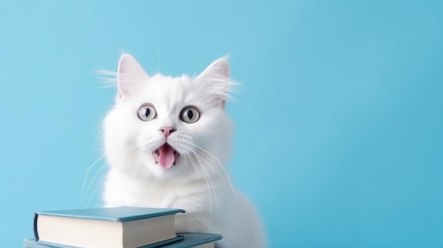 Un lindo gato rojo celebrando con una gorra de graduación con un fondo minimalista de color pastel