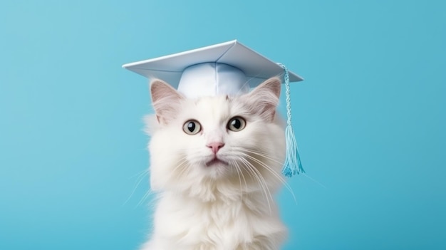 Lindo gato rojo celebrando con gorro de graduación fondo pastel minimalista