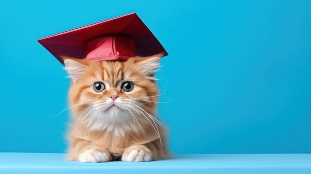 Lindo gato rojo celebrando con gorro de graduación fondo pastel minimalista