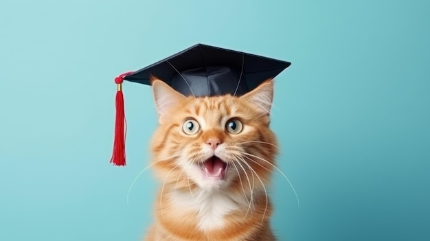 Lindo gato rojo celebrando con gorro de graduación fondo pastel minimalista