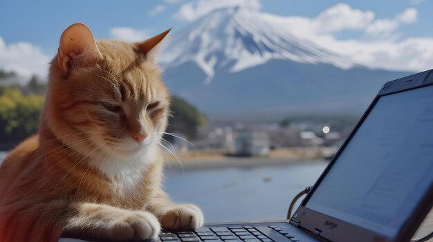 Un lindo gato rojo con una computadora portátil en el fondo de Mount