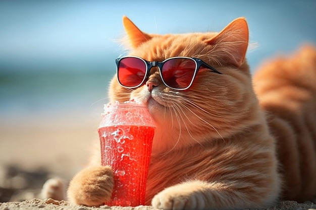 Lindo gato rojo con gafas de sol bebe refrescos Concepto de vacaciones de verano Creado con tecnología de IA generativa