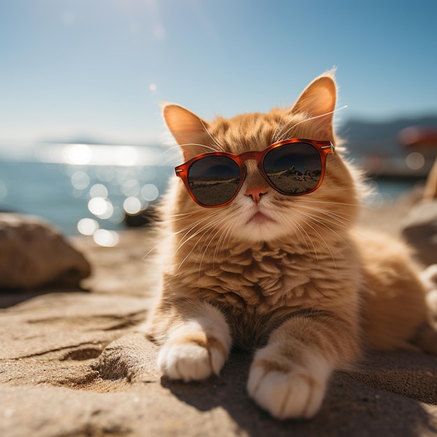 Un lindo gato rojo con gafas de sol y sentado en la orilla del mar.