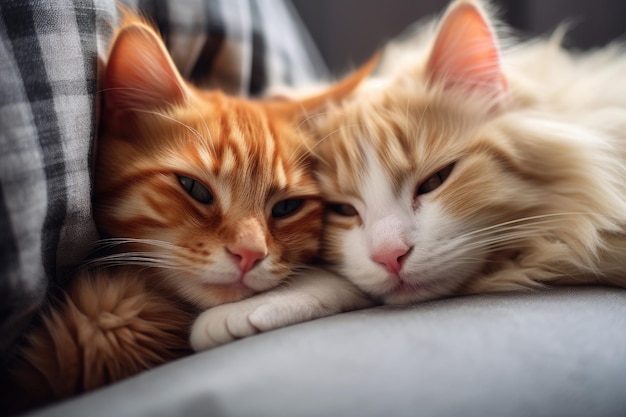 Un lindo gato rojo y un gato rojo durmiendo bajo una manta en el sofá Un lindo perro rojo y una gata negra yacen en un sofá en un primer plano generado por IA