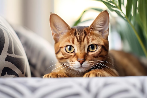 lindo gato rojo joven yace en el sofá de la sala de estar