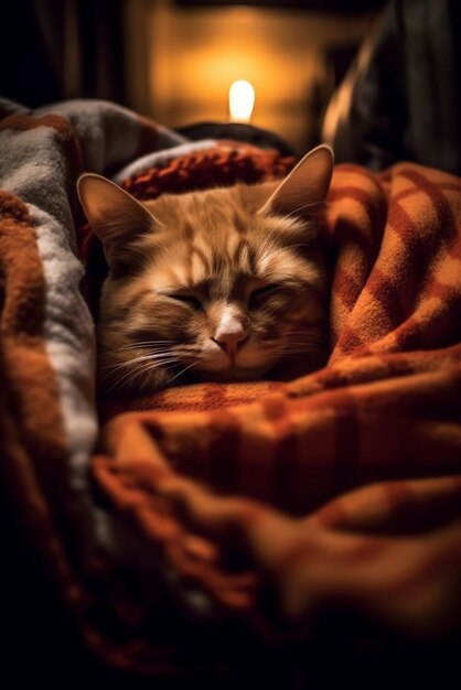 Lindo gato rojo con los ojos cerrados envuelto en una manta calentándose en un frío día de otoño Contenido generativo de IA
