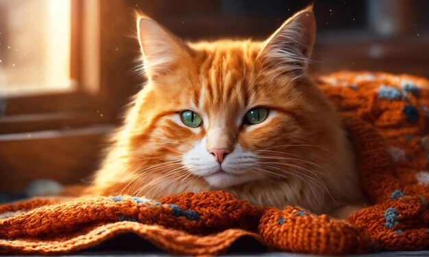 Un lindo gato rojo tendido en la cama con una manta cálida.