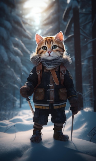 Lindo gato con ropa abrigada sosteniendo palos Felino rayado caminando por el bosque nevado IA generativa