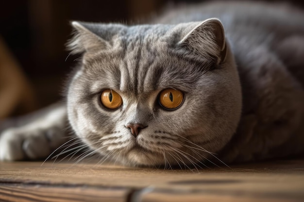 Un lindo gato Scottish Fold posado en un tablón de madera IA generativa