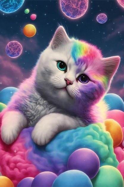 Foto lindo gato sentado encima de una ilustración de nube de arco iris