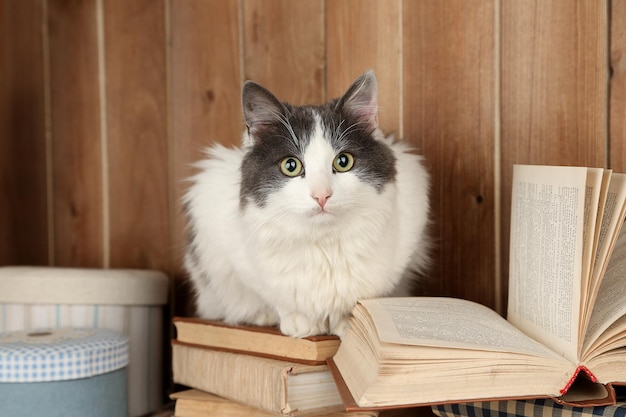 Lindo gato sentado en libros