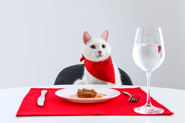 Lindo gato sentado en la mesa de comedor servida contra el fondo blanco.
