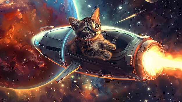 Foto un lindo gato está sentado en una nave espacial y mirando por la ventana la nave espacial está volando en el espacio