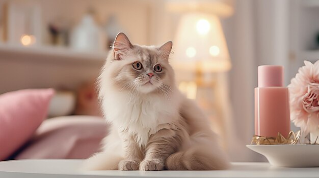 un lindo gato sentado entre los regalos de Navidad en casa en tonos rosados