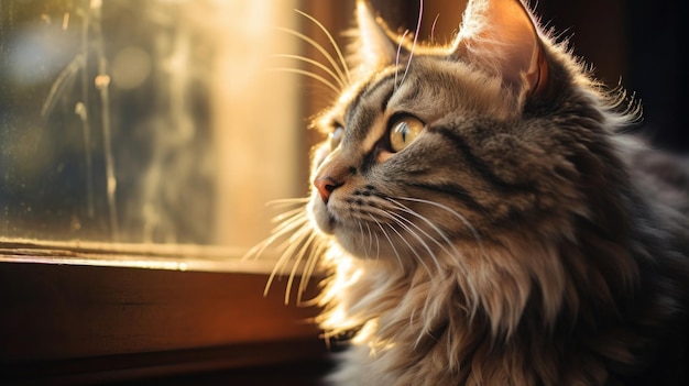 un lindo gato sentado en el umbral de una ventana soleada