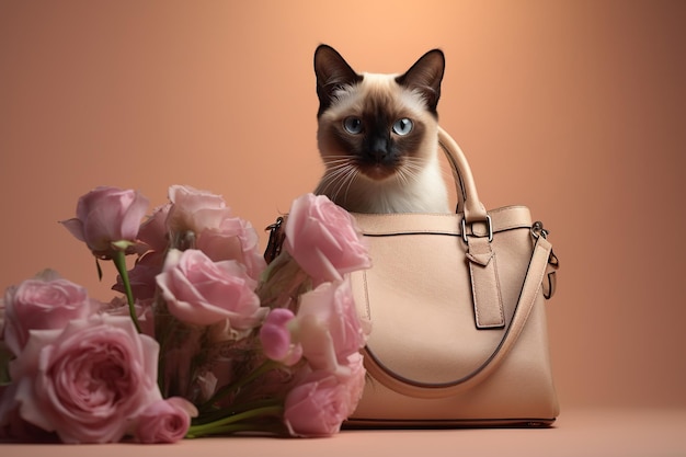 Un lindo gato siamés con un ramo de flores y una bolsa en un fondo de color beige claro