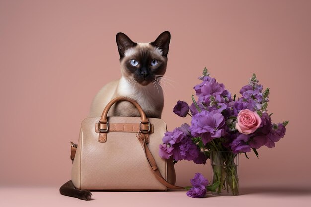 Un lindo gato siamés con un ramo de flores y una bolsa en un fondo de color beige claro