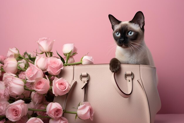 Un lindo gato siamés con un ramo de flores y una bolsa en un fondo de color rosa claro