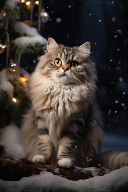 Lindo gato sobre un fondo navideño