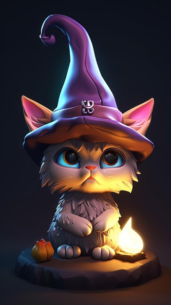 Lindo gato con sombrero de bruja Concepto de Halloween Representación 3D estilo de arte chibi