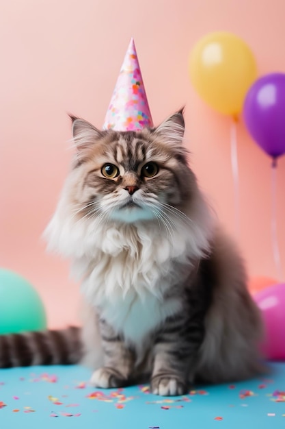 Lindo gato en un sombrero de cumpleaños se sienta en el fondo en el espacio del estudio para la imagen de la fiesta de cumpleaños de texto generada por AI