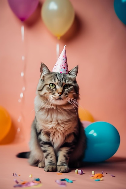 Lindo gato en un sombrero de cumpleaños se sienta en el fondo en el espacio del estudio para la imagen de la fiesta de cumpleaños de texto generada por AI