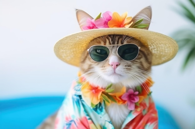 Un lindo gato con un sombrero con gafas de sol y un vestido hawaiano posa felizmente