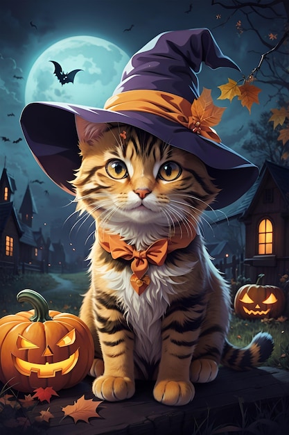 Un lindo gato con sombrero de Halloween y calabazas sonrientes en un lugar embrujado