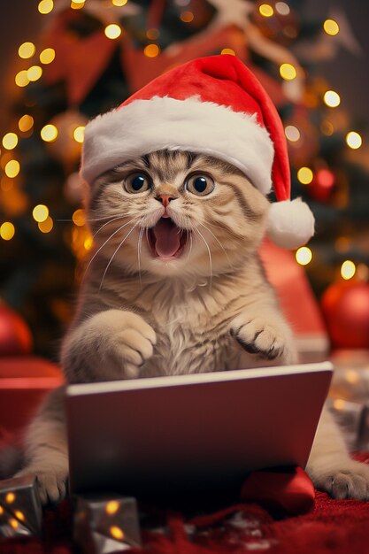 un lindo gato con un sombrero de Papá Noel está haciendo compras en línea en una computadora portátil en casa